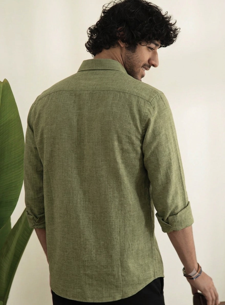 Slub Plain Solid  Green Regular Fit Shirt