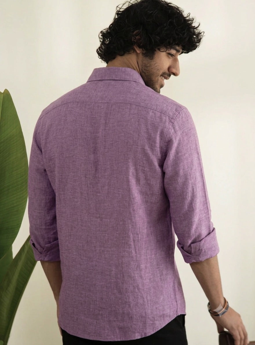 Slub Plain Solid  Purple Regular Fit Shirt