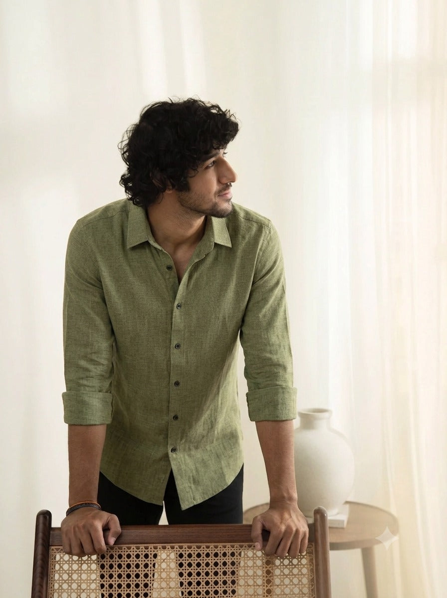 Slub Plain Solid  Green Regular Fit Shirt