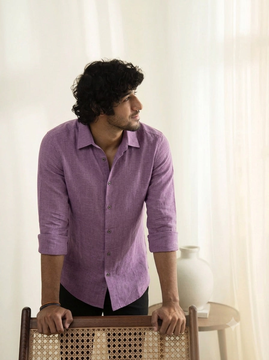 Slub Plain Solid  Purple Regular Fit Shirt