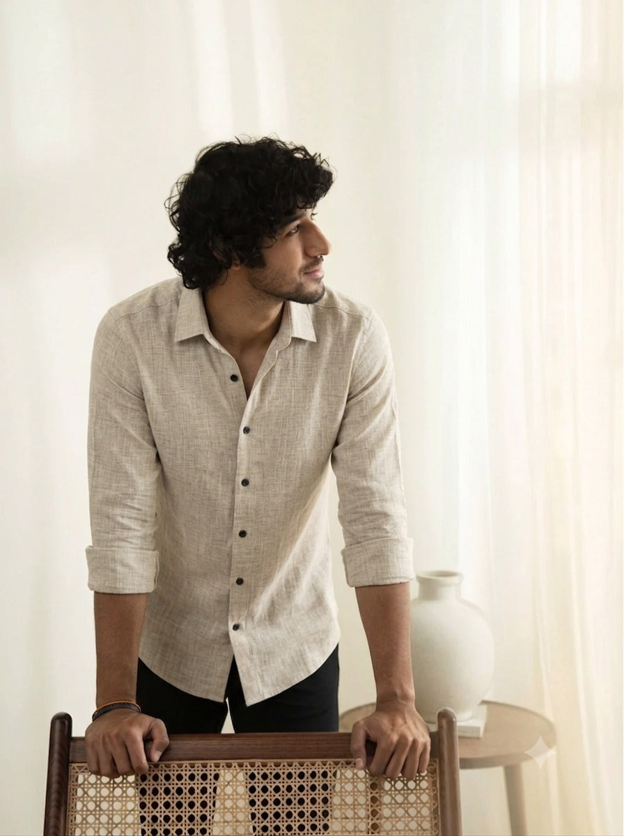 Slub Plain Solid  Off White Regular Fit Shirt