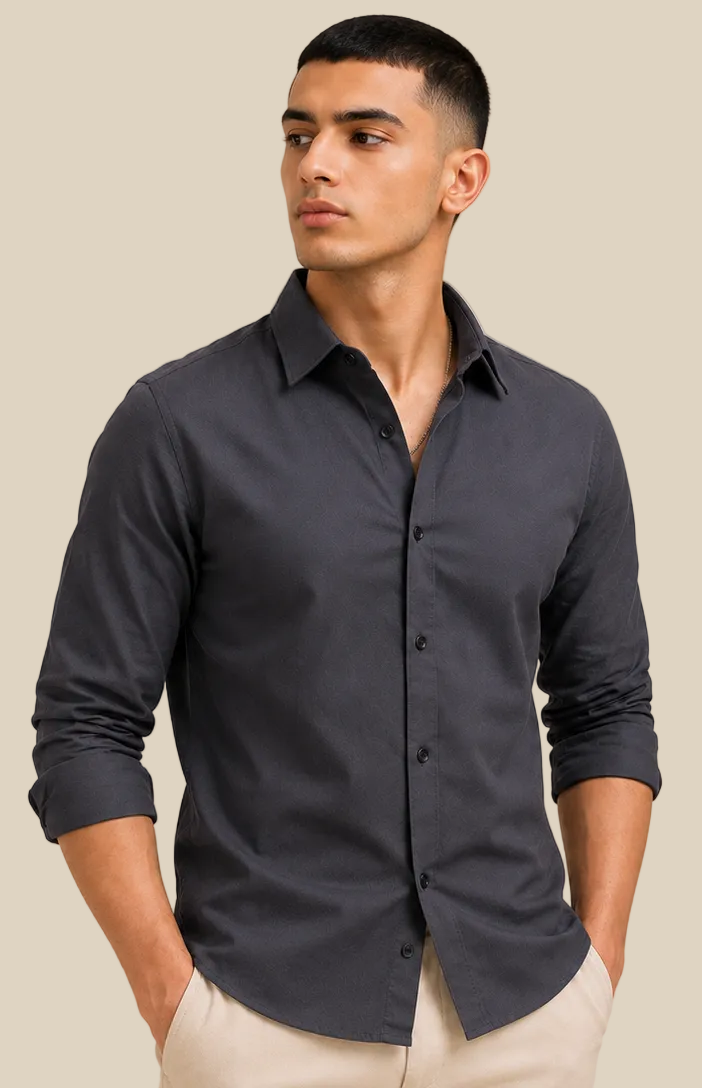 Grey Solid Plain Regular Fit  Casual  Shirt
