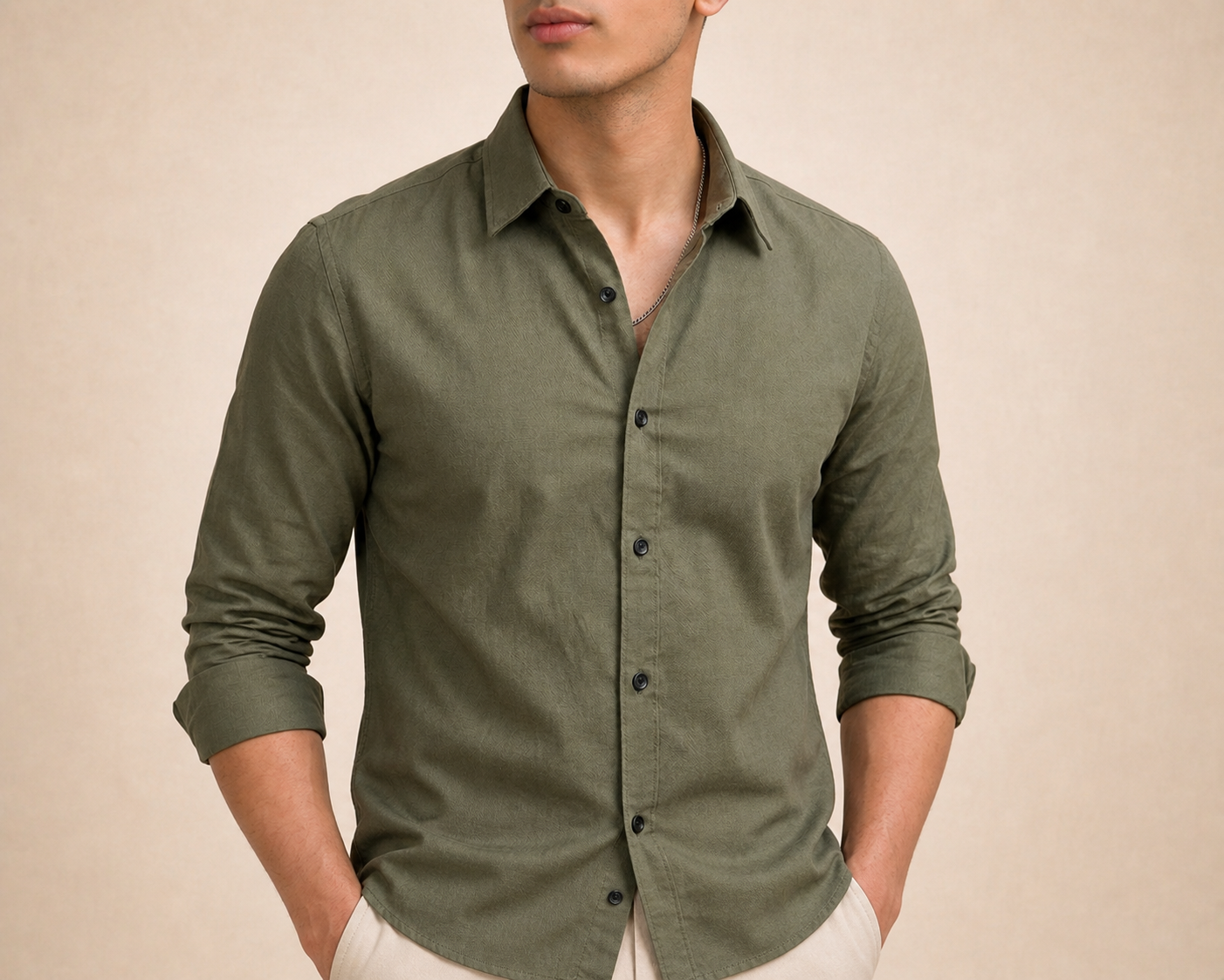 Olive Green Solid Plain Regular Fit Casual Shirt