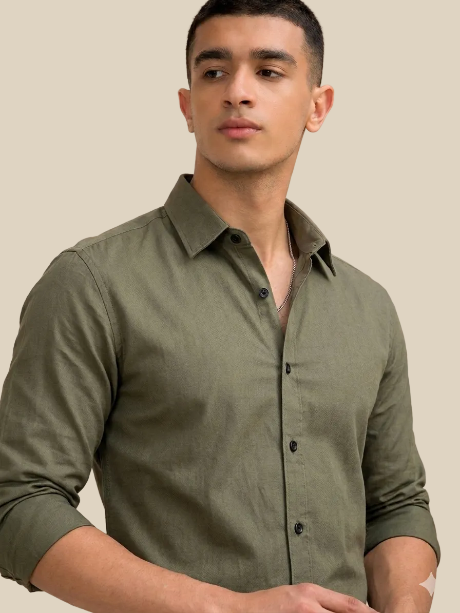 Olive Green Solid Plain Regular Fit Casual Shirt